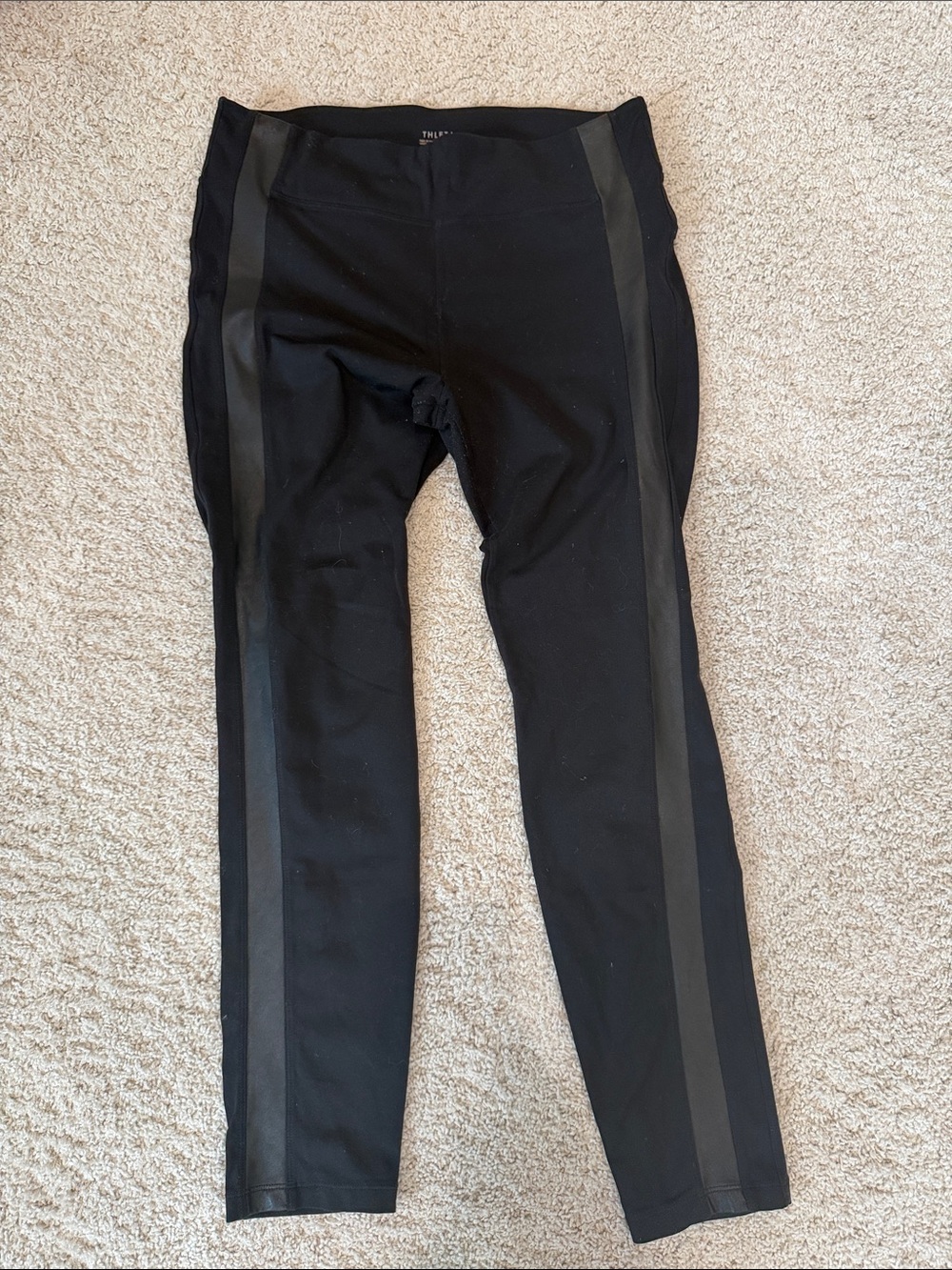 Athleta Black Leggings with Faux Leather Side Stripe – Size Large